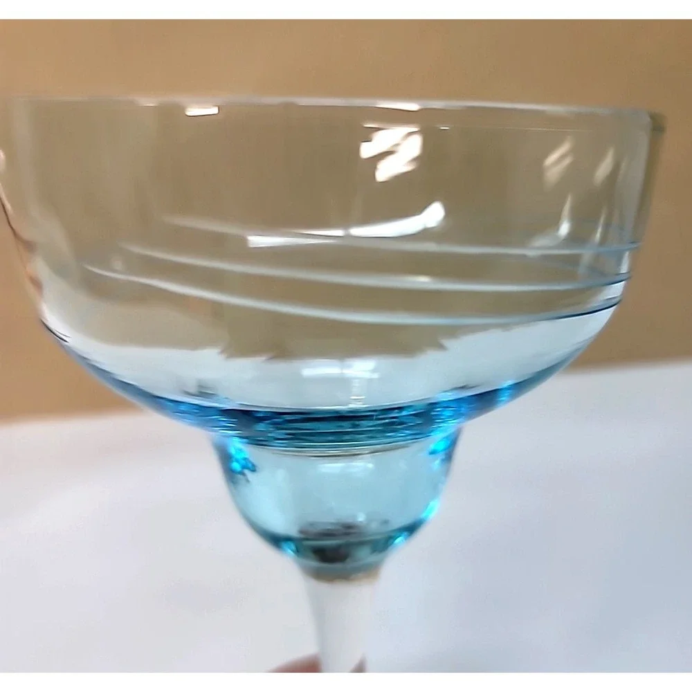 Vintage Set 2 Blue & Pink Etched Design Margarita Glasses  7